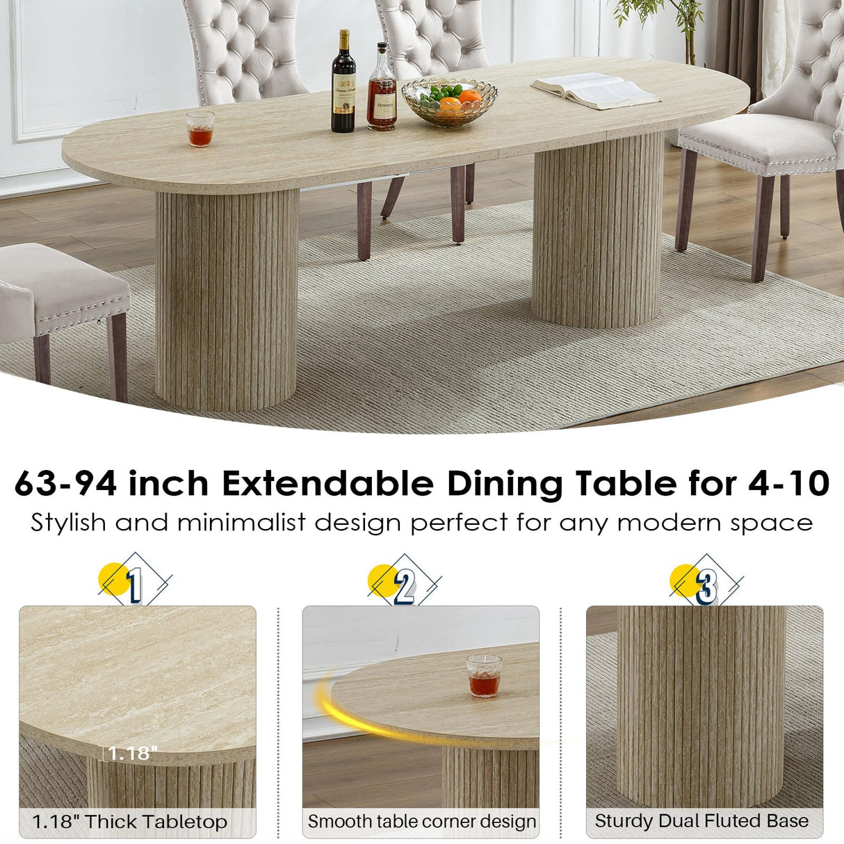 63"-94" Extendable Dining Table Set with 10 Beige Upholstered Chairs, 11 Piece Modern Oval Kitchen Table Set for 10 People, Space-Saving Expandable Dining Room Table Set with Wood Fluted Base Nimaolt