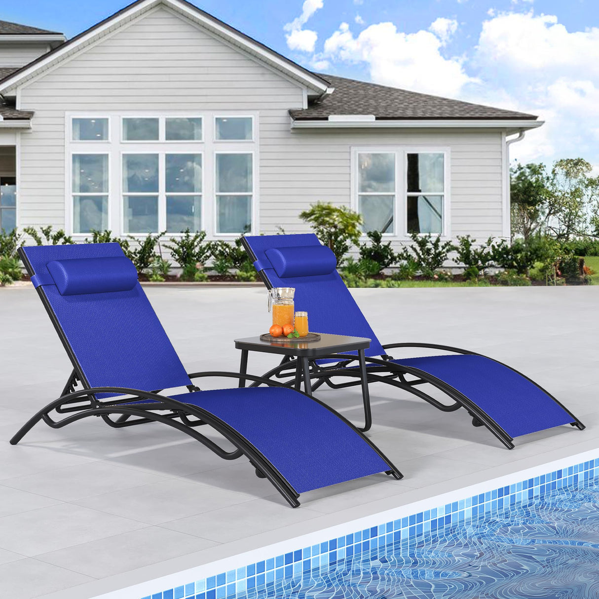 YITAHOME Outdoor Chaise Lounge Chair Set of 3, Pool Lounge Chairs with Side Table & 5-Position Adjustable Backrest, Sunbathing Recliner for Poolside, Backyard, Lawn, Deck - Navy YITAHOME