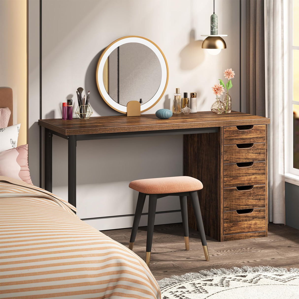 Tribesigns 47 inches Vanity Desk with 5 Drawers (Brown+Brown) Tribesigns