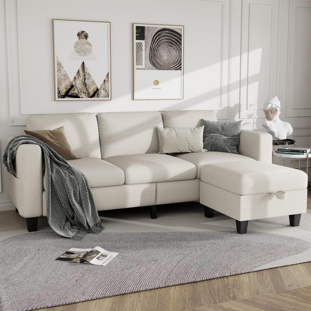 Couches for Living Room - Sectional Sofa L Shaped Cloud Couch-Small Modular 3 Seat-Comfy Linen with Storage Deep Seat Sofa,Washable Covers-Suitable for Living Room-Apartment-Office-Bedroom-Beige Clotius