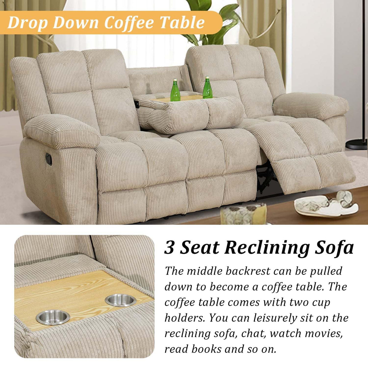 SIENWIEY Beige Corduroy Reclining Sofa Set for Living Room - Manual Fabric 3-Seater Sofa, Double Loveseat, and Chair SIENWIEY