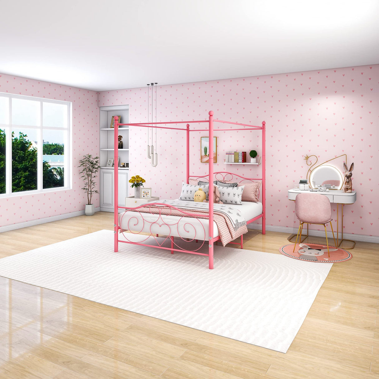 Albearing Canopy Bed Frame Platform Metal Bed Frame Heavy Duty Steel Slat and Support with Headboard and Footboard No Box Spring Required (Queen, Pink) Albearing