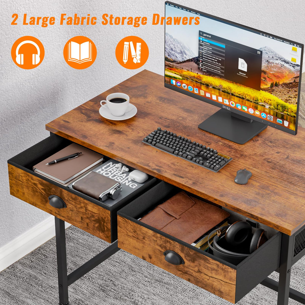 Furologee Computer Desk with 2 Fabric Drawers, Small Home Office Writing Desk, Vanity Desk with Hooks, Simple Study Desk for Small Spaces Bedroom, Furologee