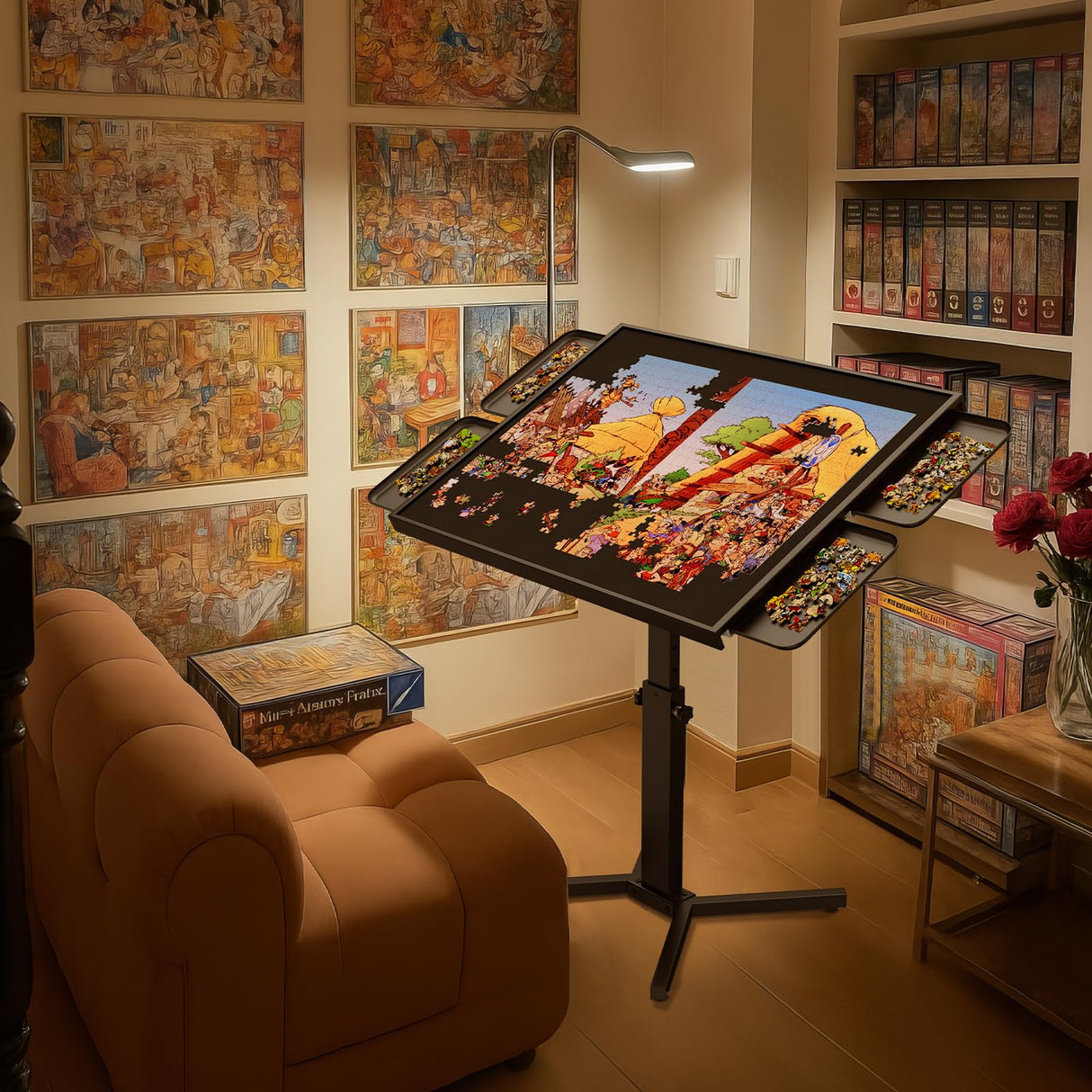 2000 Pieces Jigsaw Puzzle Table with Drawers & Legs, 30"x41" Large Puzzle Table for Adults, Adjustable Height &12 tilt Angles, Wooden Puzzle Board with Drawers & Cover, Birthday Gift for Family(Black) HEBESPACE