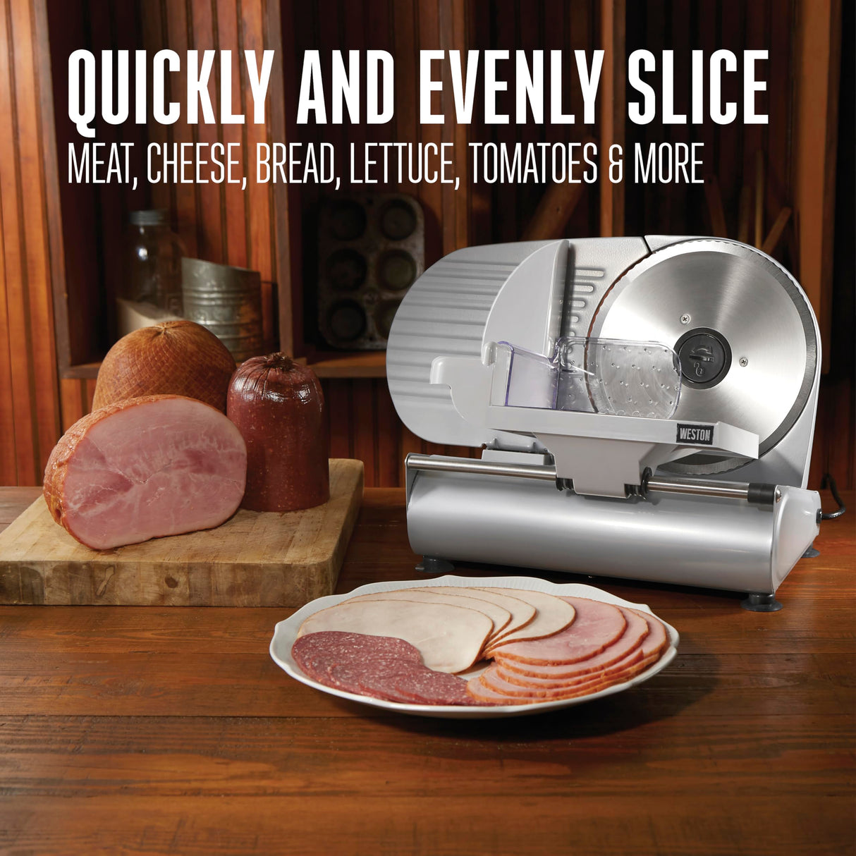 Weston Electric Meat Cutting Machine, Deli & Food Slicer, Adjustable Slice Thickness, Non-Slip Suction Feet, Removable 9" Stainless Steel Blade, Easy to Clean Weston