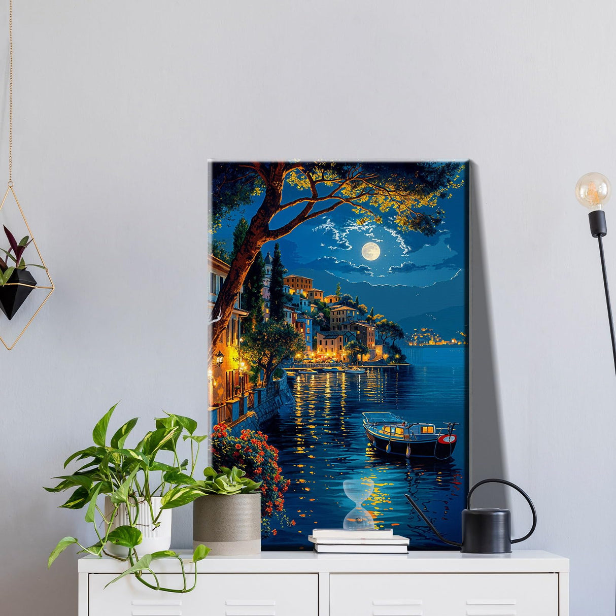 JOOZ Paint by Numbers Kit for Adults with Frame, Moon Paint by Number with Easel, DIY Town Lake Boat Paint by Numbers Landscape for Home Wall Decor 8 x 12 Inch JOOZ