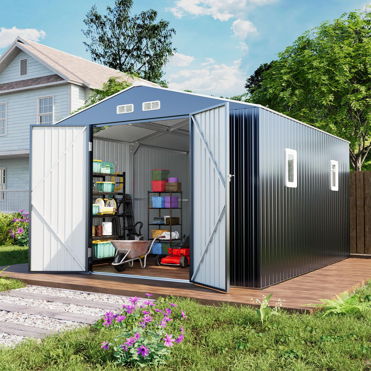 Metal Shed 10x12 Reinforced Sheds Outdoor Storage, Natural Lighting Tool Sheds with Translucent Roof Panels, Windows, and Lockable Doors, Ideal for Garden, Backyard, and Patio WACASA