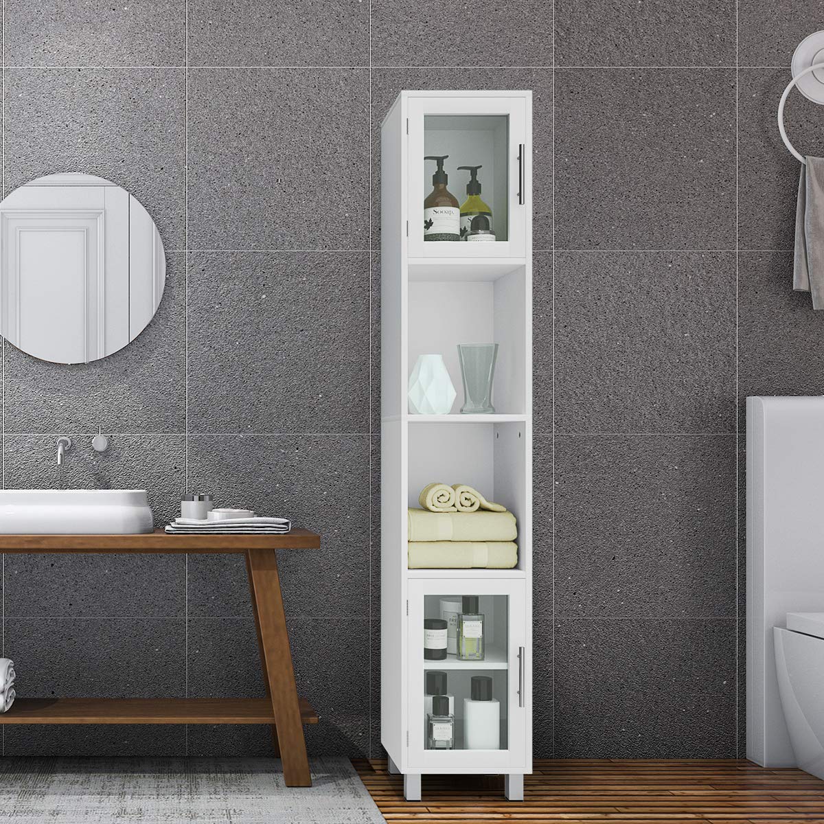 Tangkula Tall Bathroom Cabinet, Home Living Room Wood Storage Cabinet Free Standing w/ 4 Shelves and 2 Glass-Paneled Doors Suitable Tall Bathroom Cabinet Tangkula