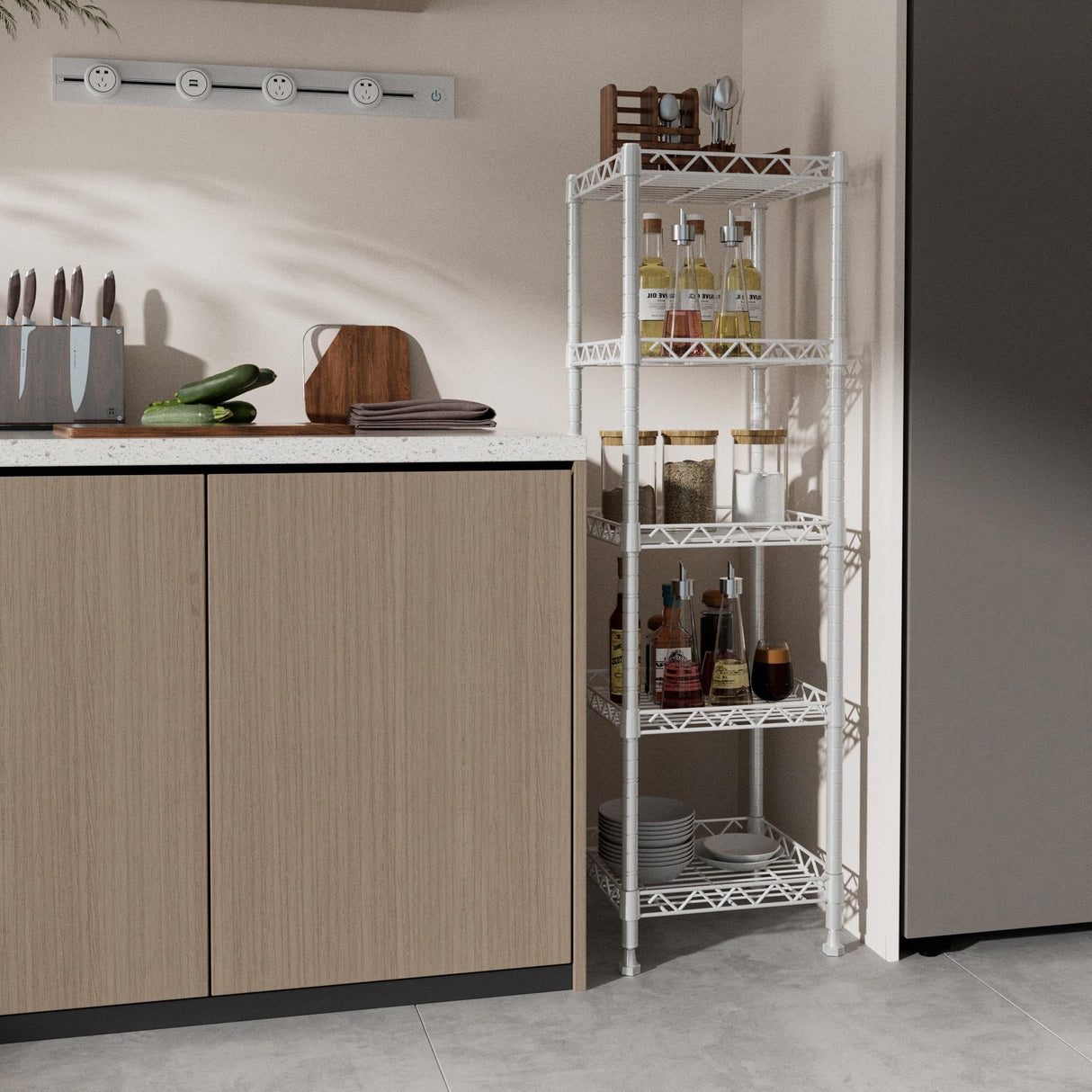 GIOTORENT 5 Tier Standing Shelving Metal Units, Adjustable Height Wire Shelf Display Rack for Laundry Bathroom Kitchen 11.8 W x 11.8 D x 50 H (5-Tier, White) GIOTORENT