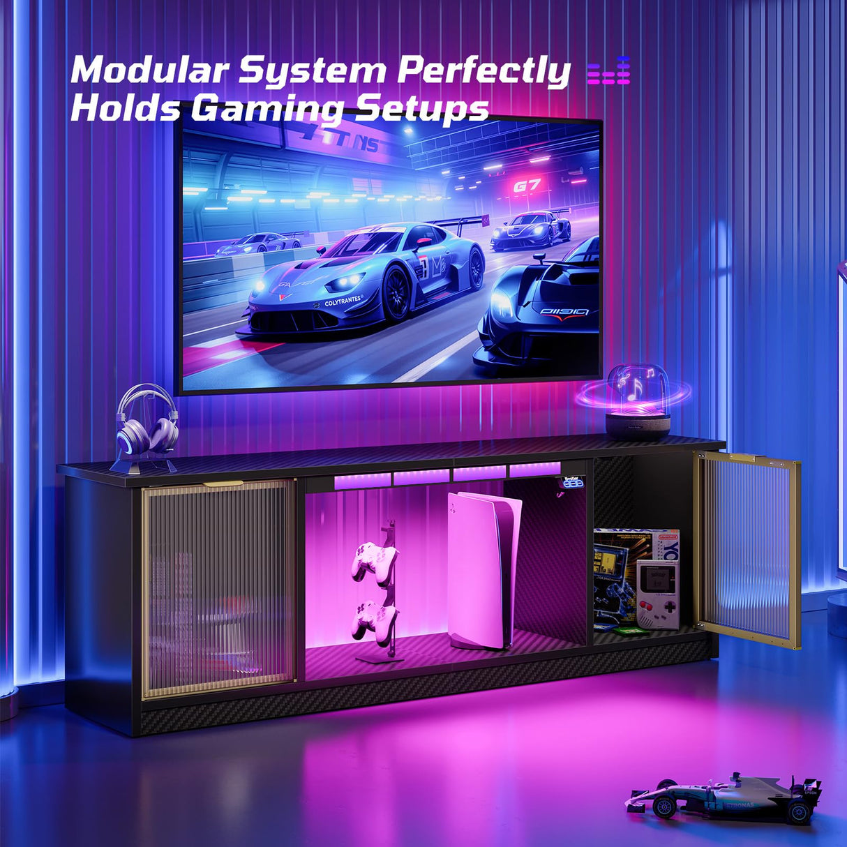 Bestier Gaming TV Stand with Music Sync Light, Flow Vibe Entertainment Center with Storage for PS5 Xbox, RGB LED Party Modes Television Stands for 50/55/60/65 inch TV (Black 3D Carbon Fiber, 57 inch) Bestier