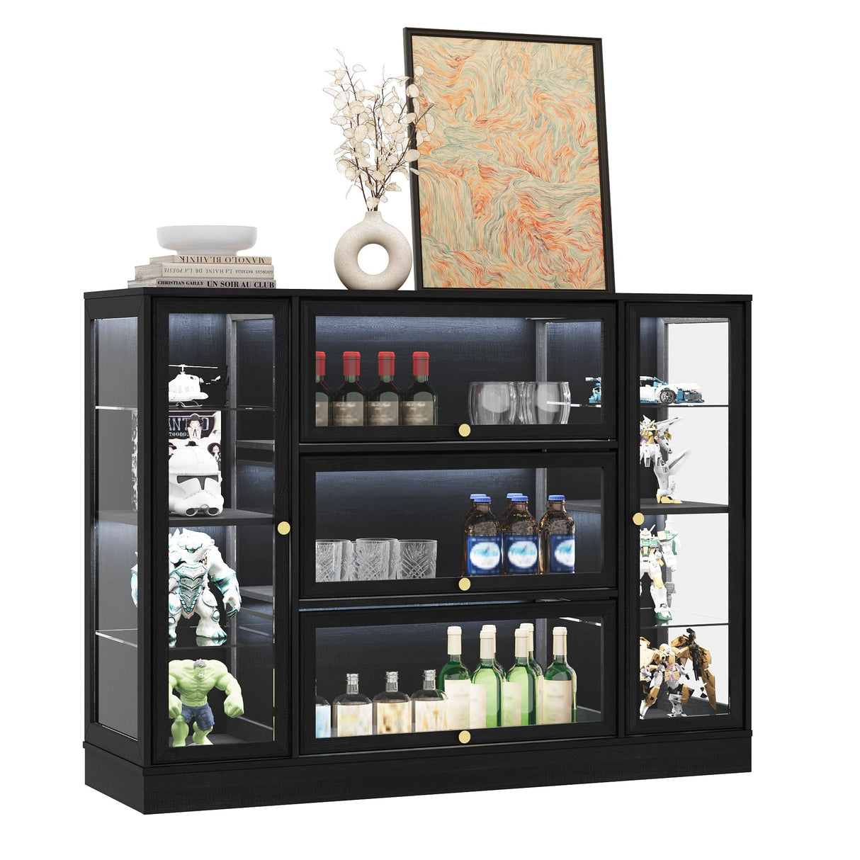 BONITURE Display Cabinet with Acrylic Glass Doors,Extra Wide Curio Cabinet with LED Lighting for Collectibles, Collectibles Toy Organizers Rack & Display Shelf Display Case, Black BONITURE