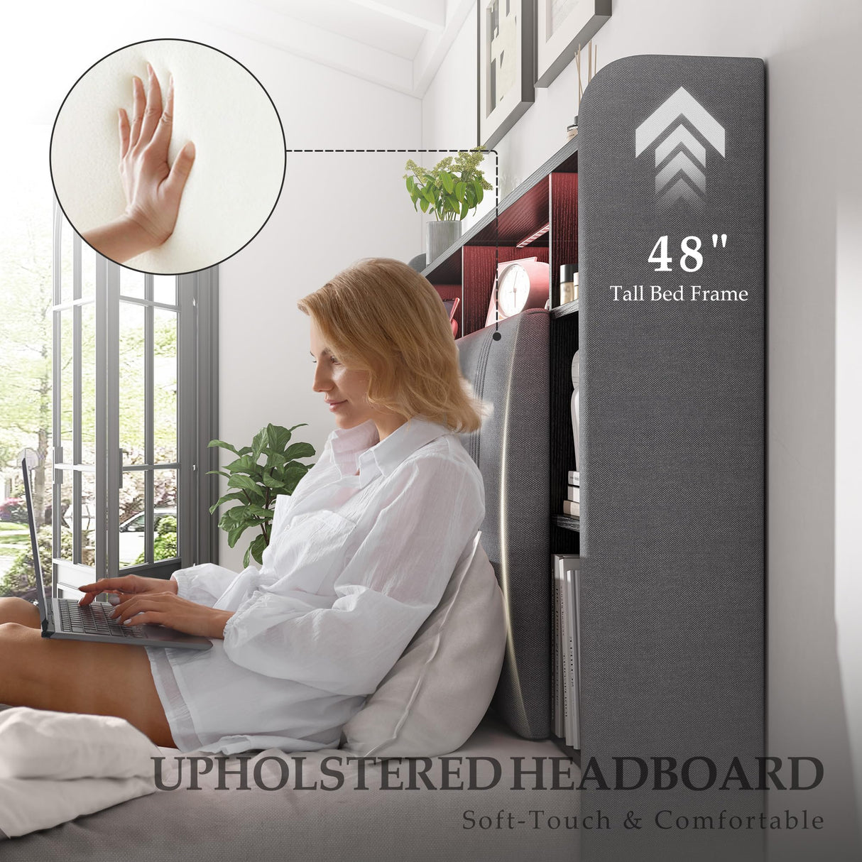 EnHomee King Size Bed Frame with 4 Storage Drawers, Upholstered Platform King Bed Frame and Headboard, King Bed Frame with LED Lights & Charging Station, Noise Free,No Box Spring Needed,Beige, Grey EnHomee