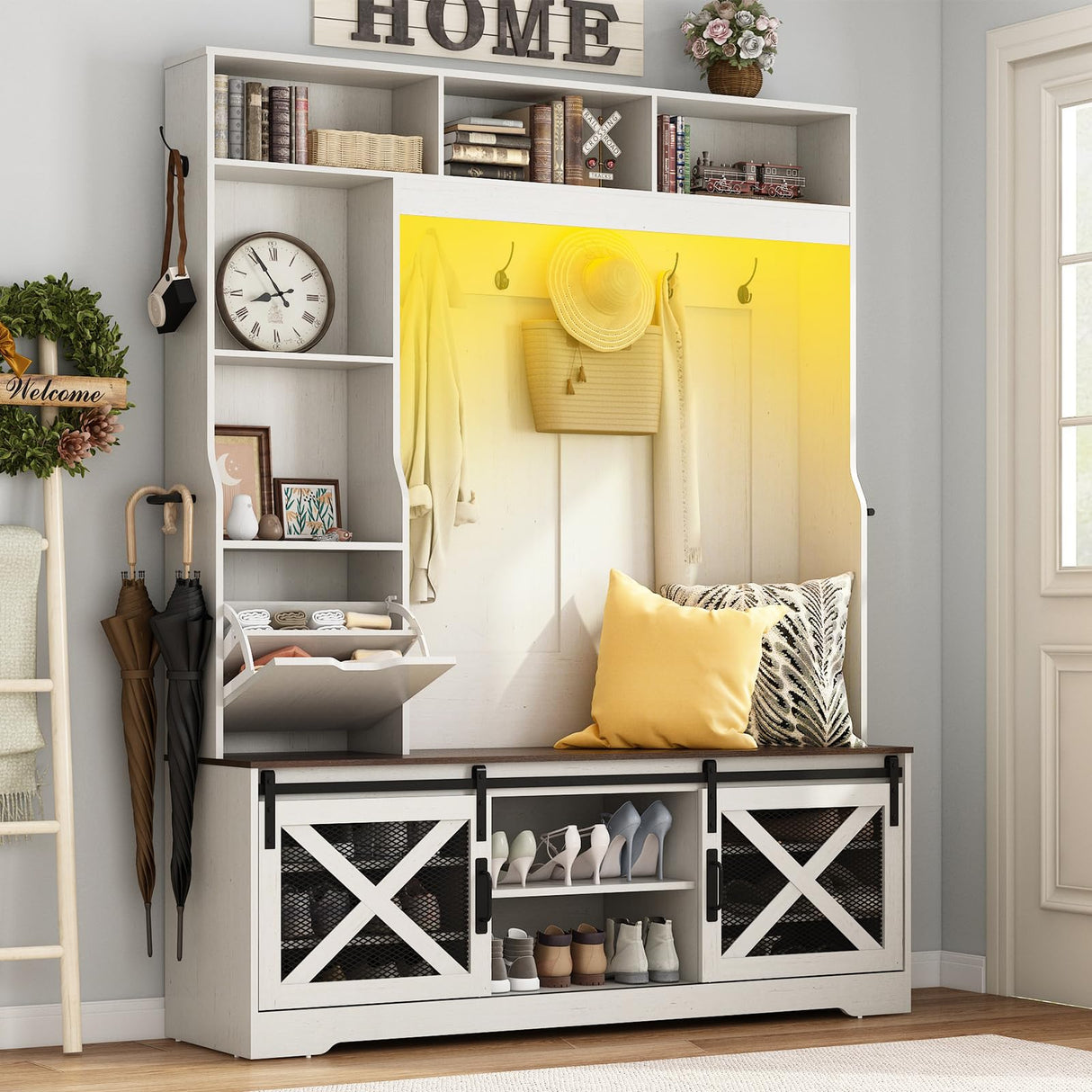 chartustriable 75''H LED Farmhouse Hall Tree with Bench and Shoe Storage,Entryway Bench with Coat Rack,16 Shoe Cubbies & Umbrella Holder and Sock Storage Drawer,Mudroom/Hallway Storage Cabinet(White) chartustriable