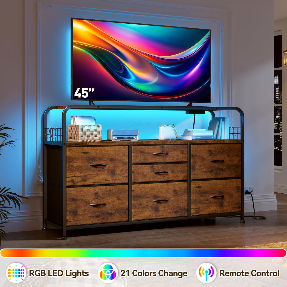 EnHomee Dresser for Bedroom with LED Lights & Charging Station, 7 Drawer Dresser with Open Shelf, Fabric Bedroom Dressers & Chest of Drawers for Closet, Entryway, Hallway, 4 Hooks, Rustic Brown EnHomee