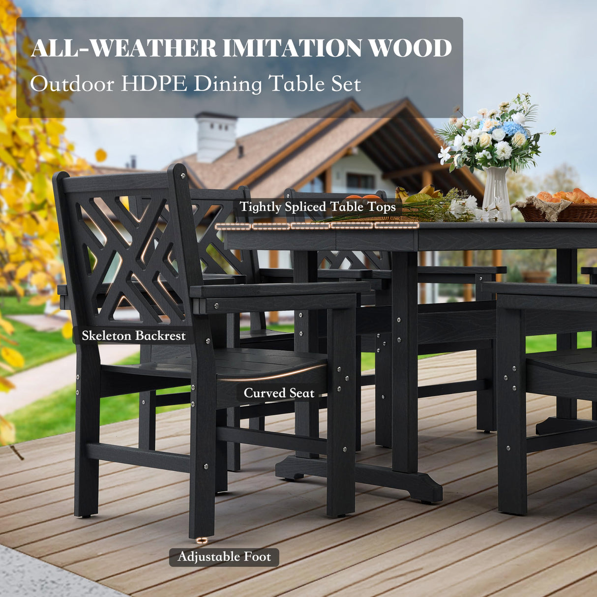 HDPE Dining Table Set for 10,12-Piece Outdoor Table and Chairs Include 10 Dining Chairs and 2 Pcs 62.5" Patio Dining Table with Umbrella Hole (Black) AZXZCS