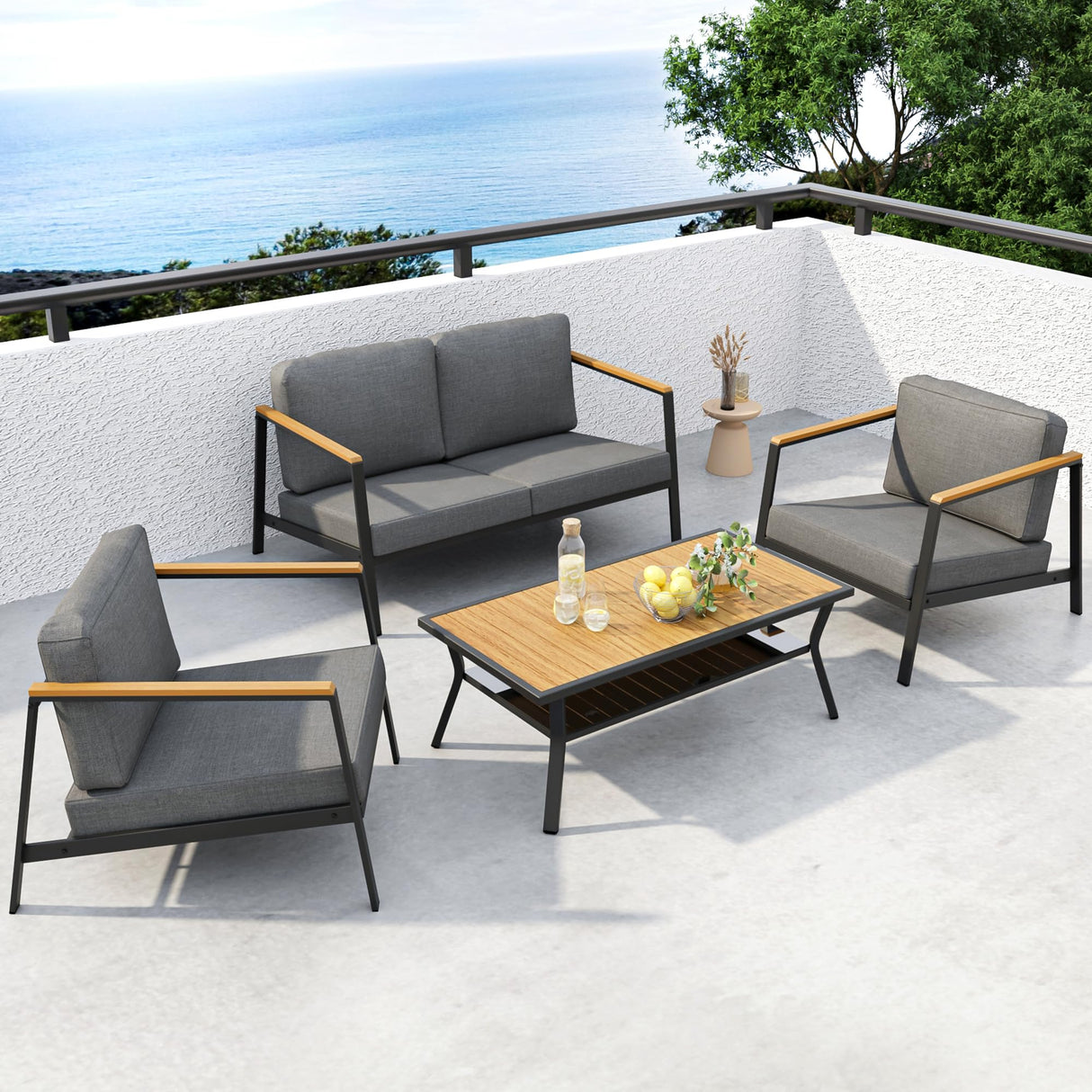 Vimstora 4 Pieces Aluminum Outdoor Patio Furniture Set with Thicken Cushions&Sturdy Table, Modern Patio Conversation Sets Sofa for Balcony, Garden, Deck & Porch Vimstora