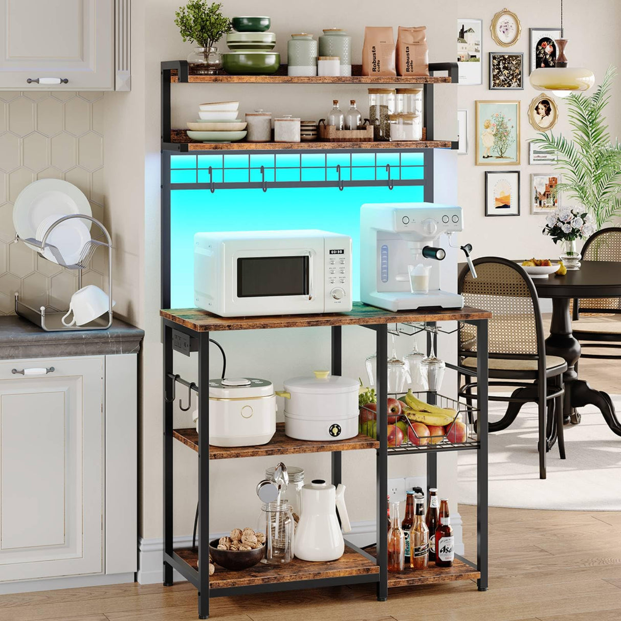 HOOBRO Bakers Rack with Power Outlet, 5 Tiers Coffee Bar with LED Light, Microwave Stand with Wire Basket & Wine Holders, Kitchen Storage Shelf with 6 S-Shaped Hooks, Rustic Brown and Black BF21UDHB01 HOOBRO