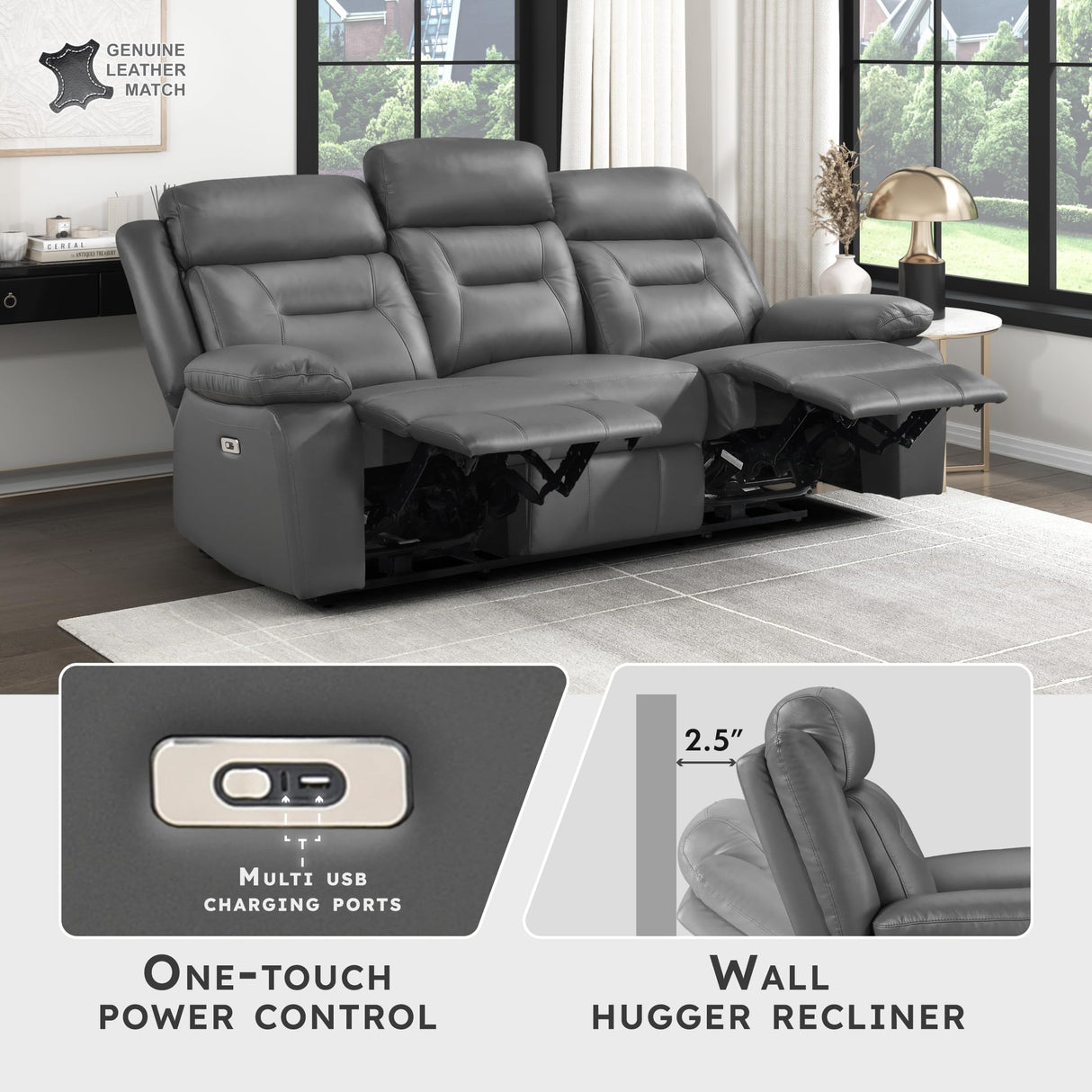 Lexicon Power Double Recliner Sofa, Top Grain Leather Match Reclining Sofa with Pillow Top Armrests, Home Theater Seating, Wall Hugger Recliner Couch with USB Port, 87" W, Dark Gray Lexicon