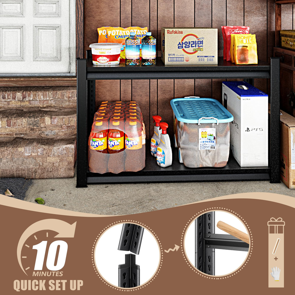 Rufokisa 48" W 2-Tier Garage Shelving Heavy Duty, 1120LBS Loads Garage Storage Shelves, Metal Shelving Units and Storage Racks, Industrial Utility Shelf Heavy Duty,48" Wx16 Dx39 H, Black Rufokisa