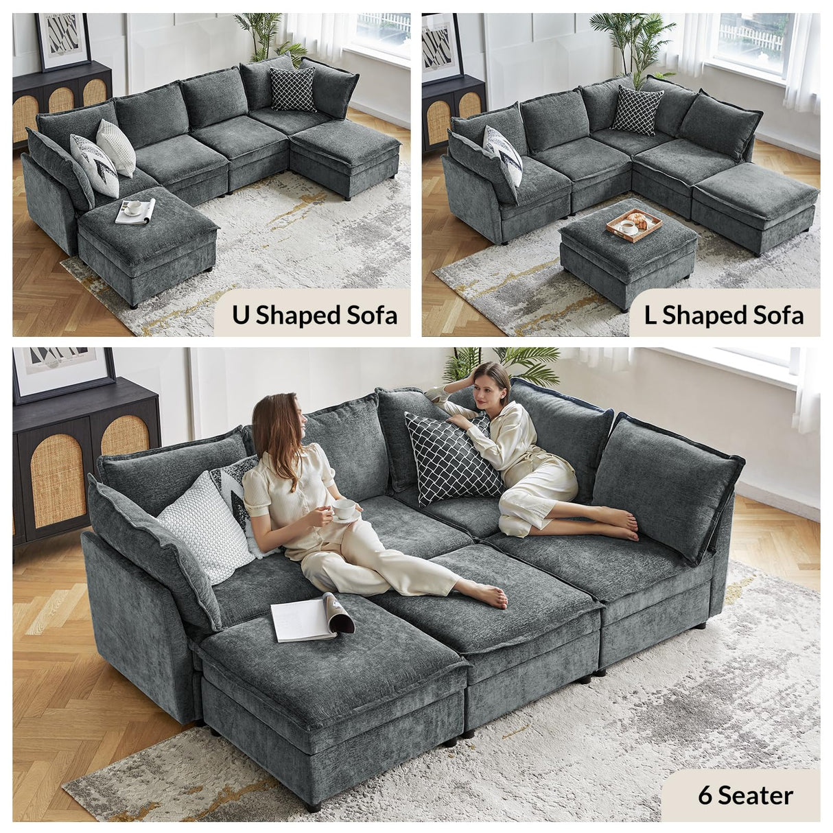 HULALA HOME 127'' Modular Sectional Sofa, Oversized U Shaped Couch with Storage Ottoman, Extra Deep Seat, Modern Comfy Chenille Sofa with Chaise, 6 Seat Convertible Couches for Living Room, Grey HULALA HOME