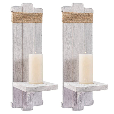 2 PCS Farmhouse Wall Hanging Candle Sconces - Nordic Style Handmade Wooden Wall-Mount Candle Holders Rustic Hanging Wall Sconces for Bedroom Living Room Kitchen Bathroom(Grayish White)