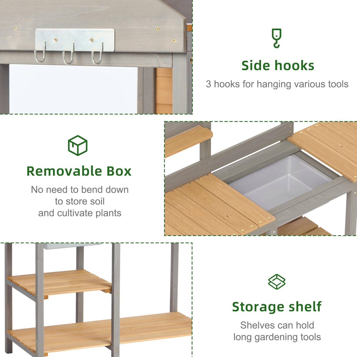 Wooden Potting Bench Table with Sink, Outdoor Garden Table Work Bench with Shelf, Workstation for Outside Patio Lawn SoliWood