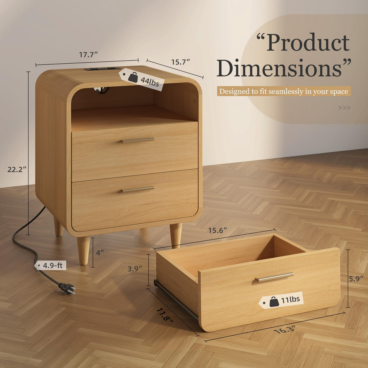 Easyego Mid-Century Modern Nightstand with Charging Station, Bedside Table w/2 Drawers and Open Shelves, Side Table and End Table for Bedroom and Living Room, Curved Design(Wood Naural) Easyego