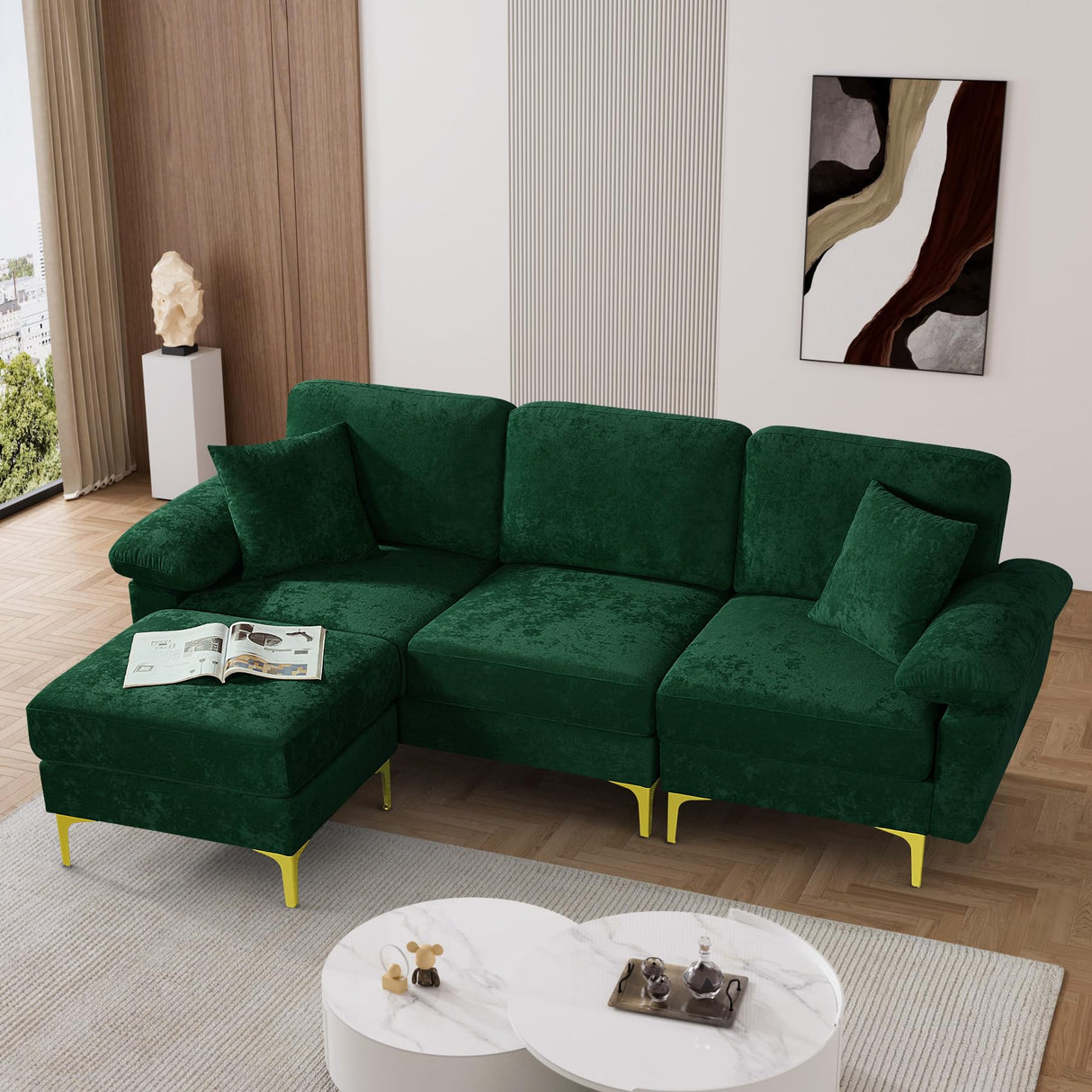 OUYESSIR L Shaped Sectional Sofa Couch, 3 Seat Velvet Sofa with Ottoman and Pillows, Upholstered Comfy Couch Sleeper for Living Room, Bedroom, 91 inches (Green) OUYESSIR