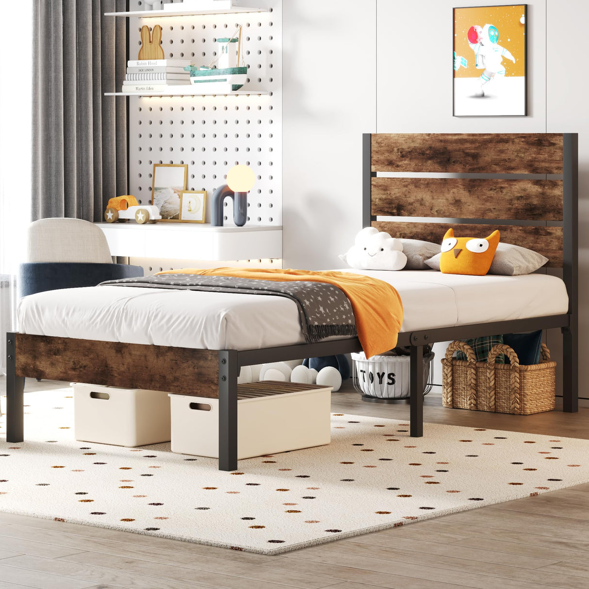 Fluest Twin Bed Frame with Headboard and Footboard, Metal Twin Bed Frame with Under Bed Storage, All-Metal Support System, No Box Spring Needed, Easy Assembly,Rustic Brown Fluest