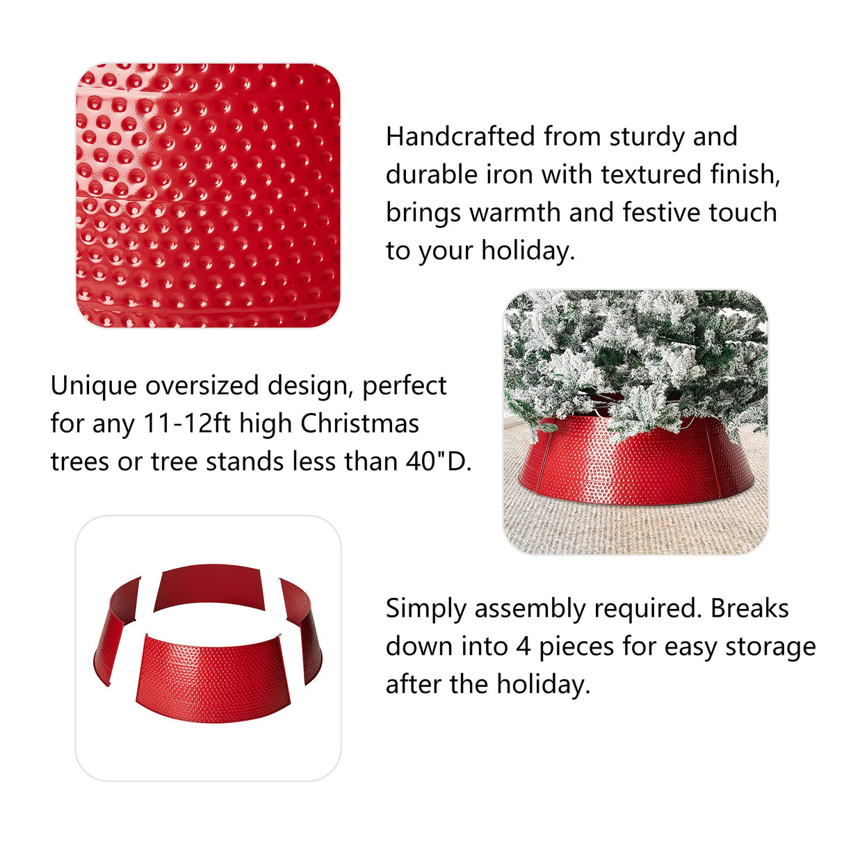 Glitzhome 40.5" D Christmas Red Hammered Metal Tree Collar, Decorative Tree Stand Cover Tree Ring for Christmas Decor Glitzhome