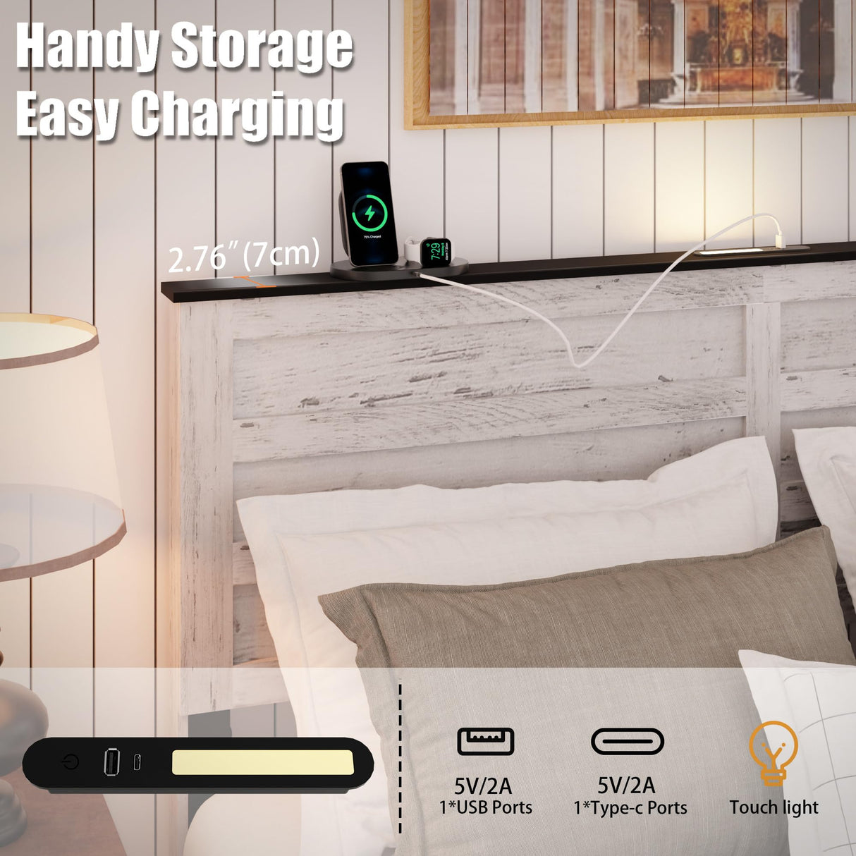 WQQUT Full Size Farmhouse Bed Frame with Sliding Barn Door Storage Cabinets, Charging Station & LED Lights, Wood Platform Bed Frame with Solid Wood Slats, Noiseless, No Box Spring Needed WQQUT