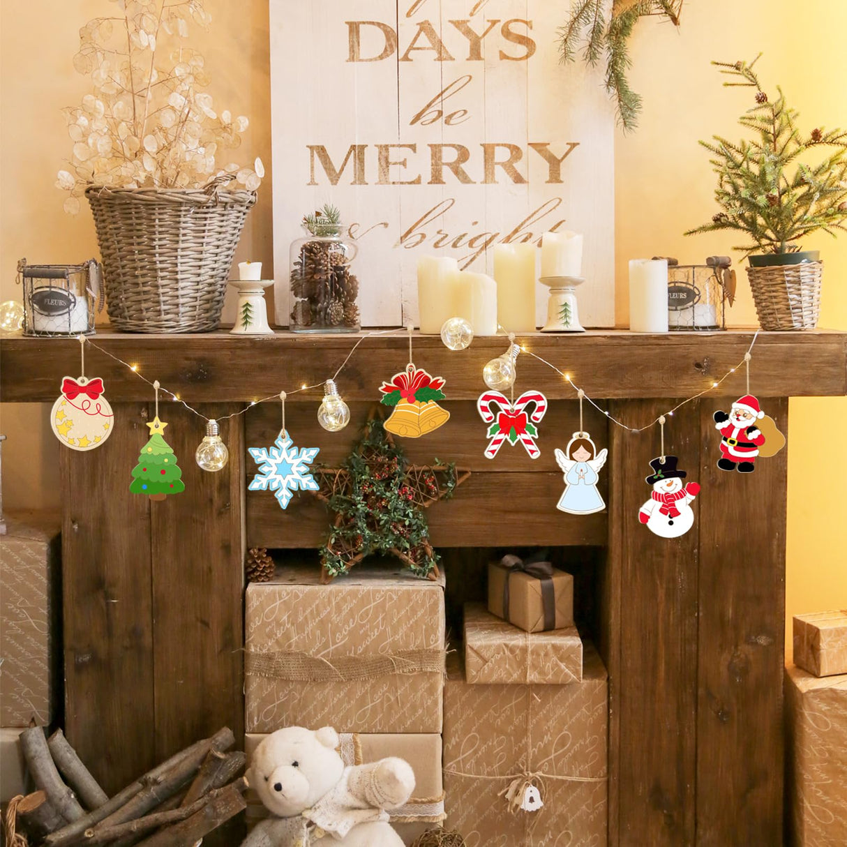 80PCS Wooden Christmas Ornaments to Paint, 8 Styles DIY Blank Unfinished Wood Reindeer Santa Claus Christmas Tree Ball Snowman Snowflake Angel Cutouts Ornament for Crafts Winter Hanging Decorations Sophena