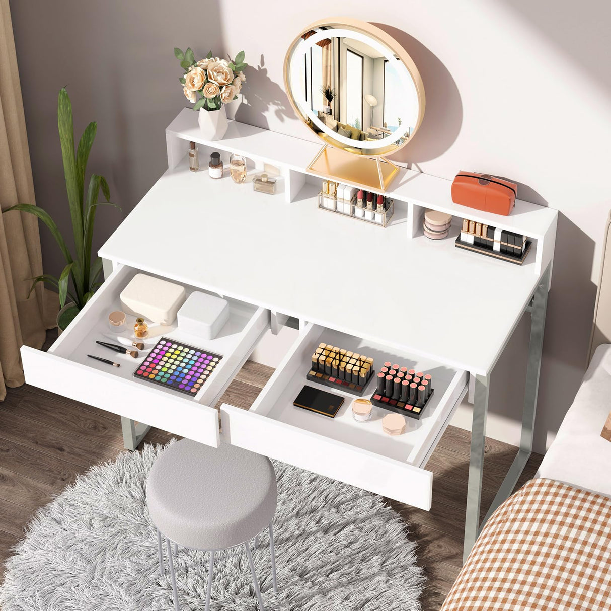 GreenForest Vanity Desk with 2 Drawers, White Makeup Desk with 3 Storage Spaces, 40 inch Small Desk with Silver Metal Legs, Modern Home Office Desk for Kids, Bedroom (No Mirror) GreenForest