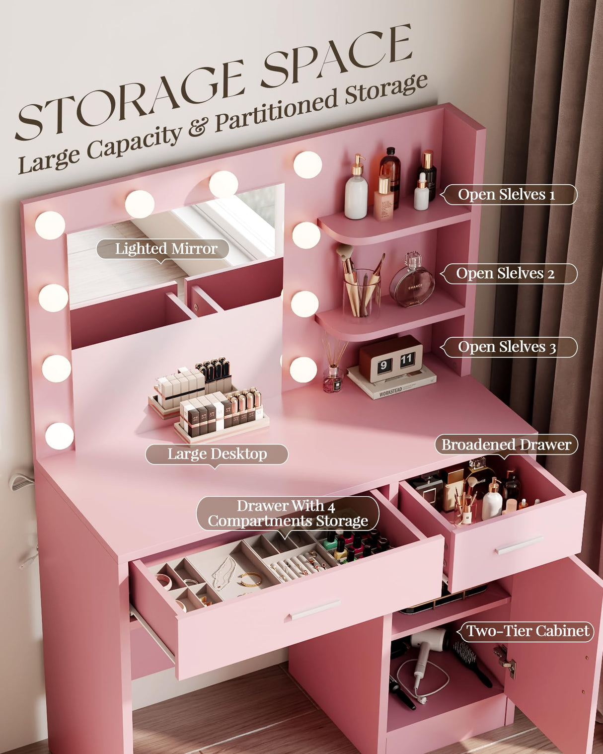 LIVELYGLOW Vanity with Lights, Makeup Vanity with Mirror, 3 Lighting Modes, for Bedroom, Pink LIVELYGLOW