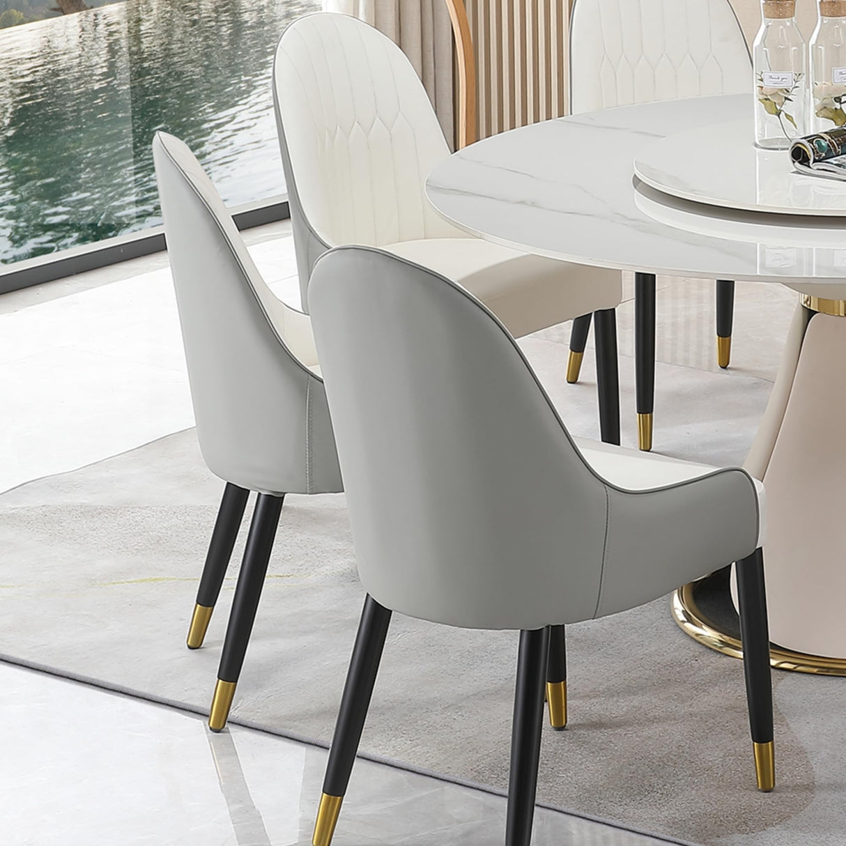 Montary 9 Piece Dining Table Set, Modern Dining Table Set of 8, White 59" D Sintered Stone Round Table, Faux Marble Dining Room Table with 8 Gray Dining Chairs Montary