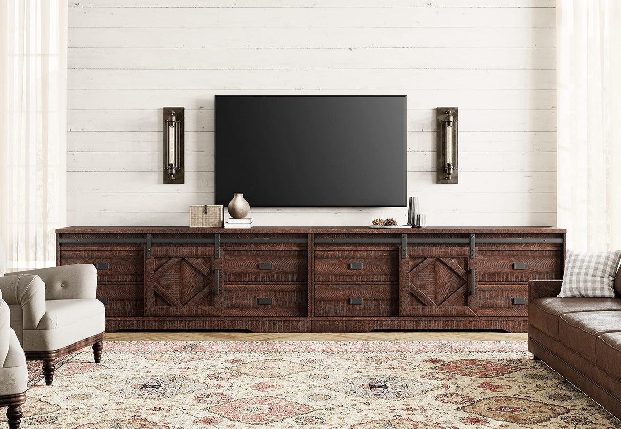 WAMPAT 118" Wide Modern Farmhouse 2 in 1 TV Stand for up to 130" TVs,Faux Bark Finish Wood Entertainment Center with 8 Drawers and Sliding Barn Doors for Living Room, Rustic Brown WAMPAT