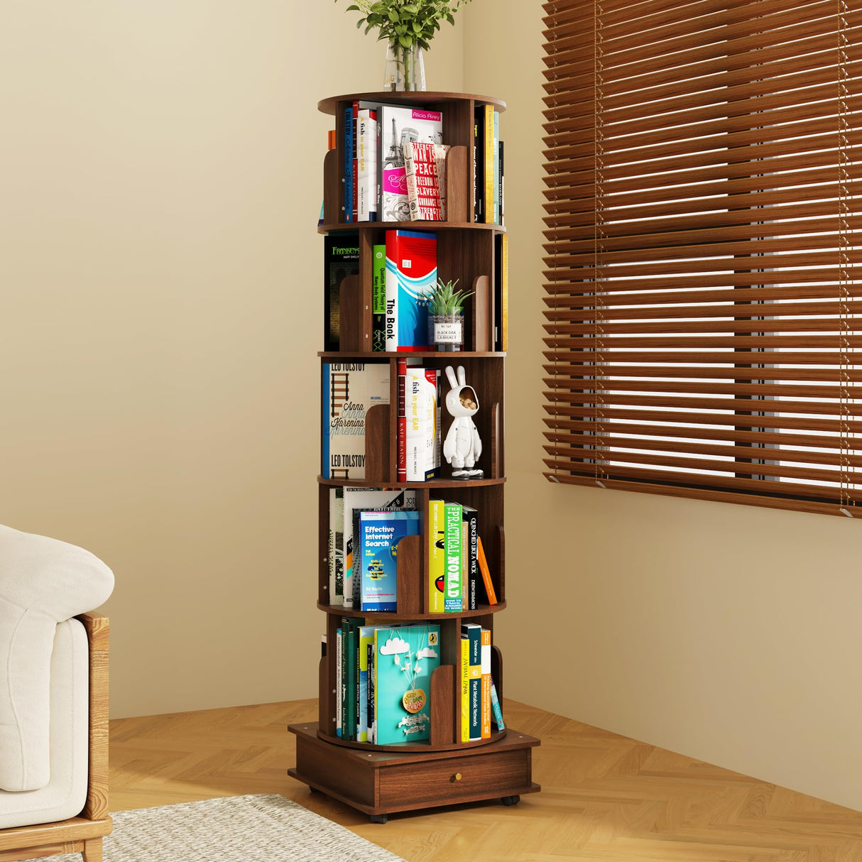 RNE Walnut 6-Tier 360 Rotating Solid Wood Bookshelf Tower with Drawers and Wheels RNE