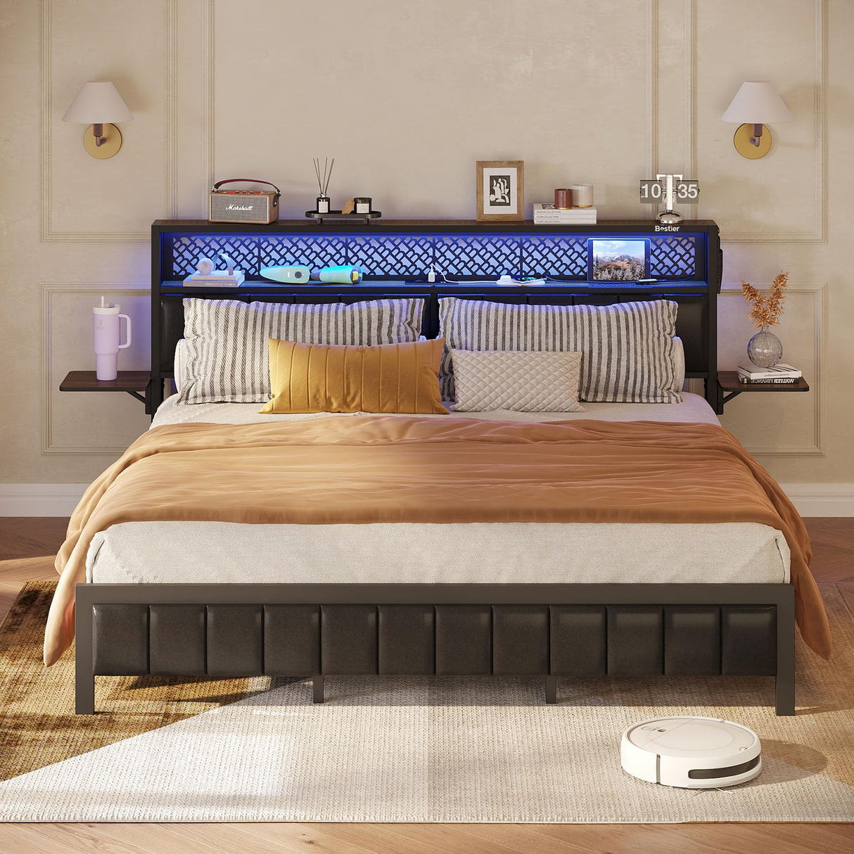 Bestier Queen Bed Frame with Upholstered Headboard, Charging Station & LED Lights - Walnut Bestier
