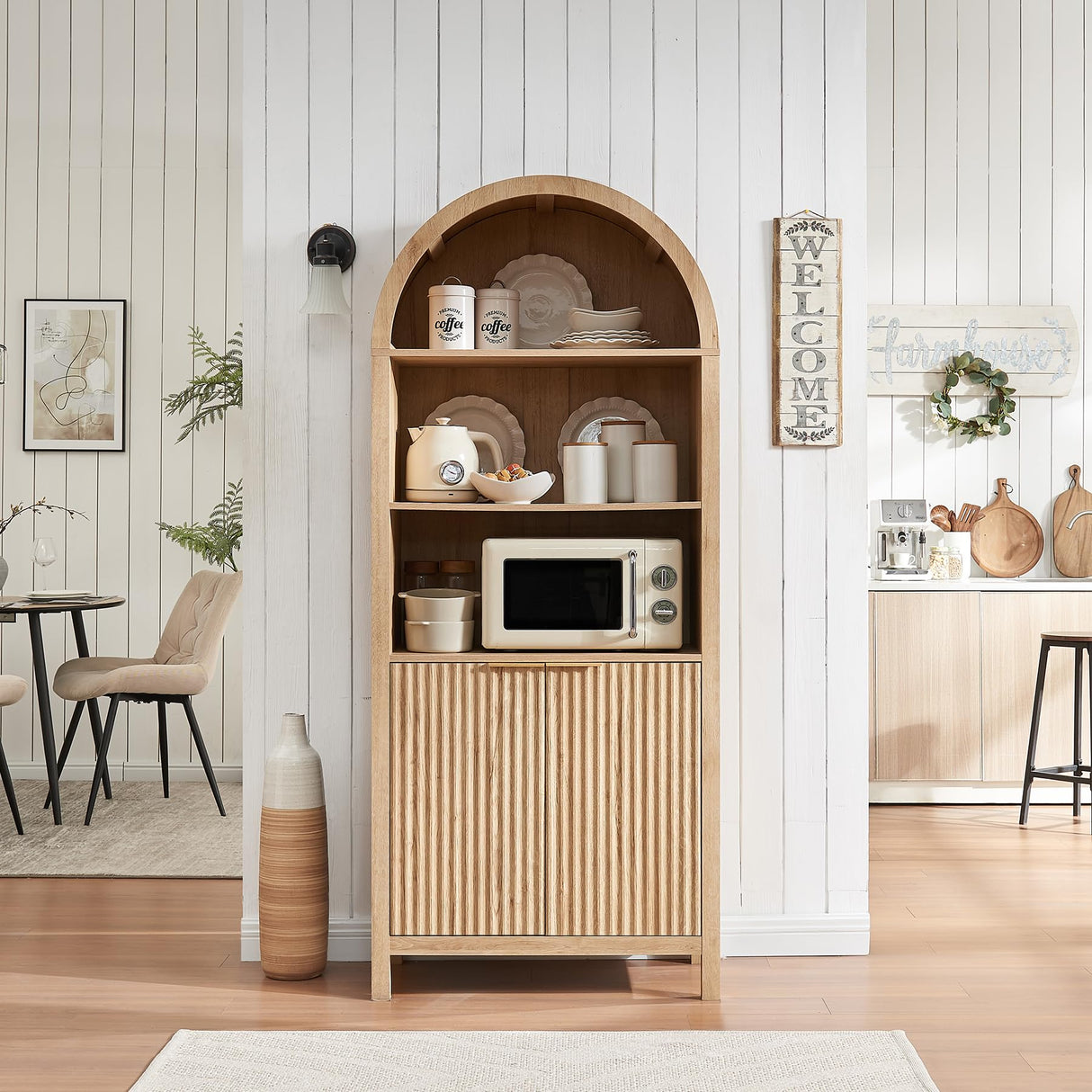 WINWY Arched Cabinet Bookshelf Bookcase - 71” Tall Mid Century Arched Display Cabinets, Rounded Bookshelf with Fluted Doors, Open Shelf Storage Cabinet for Dining Room (Natural) WINWY