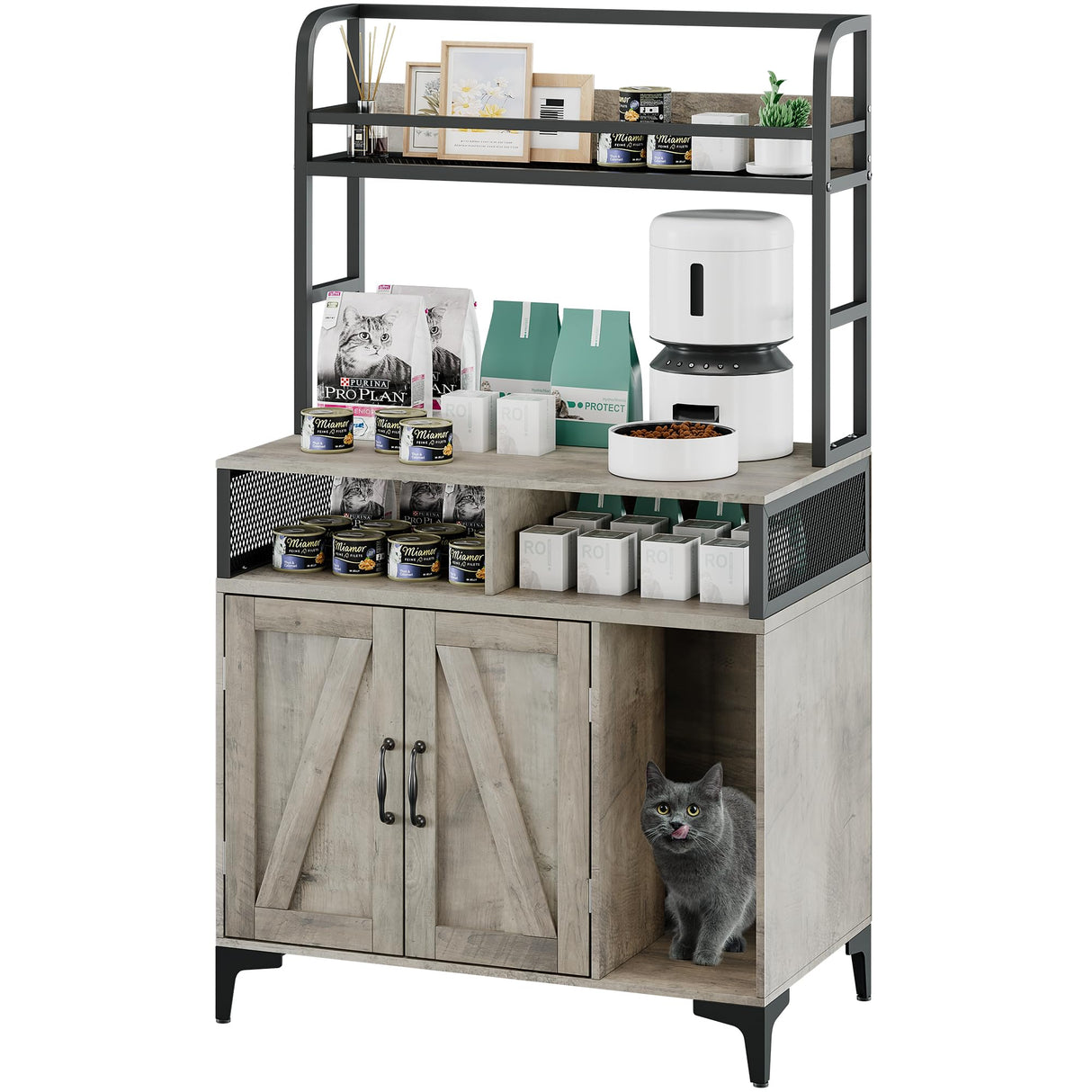 Garvee Cat Litter Box Enclosure,Hidden Litter Box Furniture with Open Shelf & Compartments, Metal Frame Indoor Cat House Furniture Cabinet for Most of Litter Box, Grey Garvee