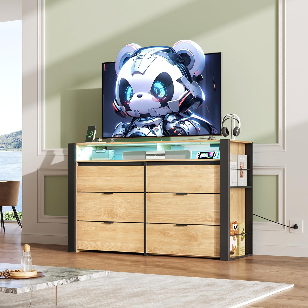 WLIVE 6 Drawer Dresser with Led Light, 50.79'' Wood Dresser for Bedroom with Power Outlets for 55'' TV, Modern Chest of Drawers for Closet, Hanging Rack, Double Wide Drawer for Living Room, Light Oak WLIVE