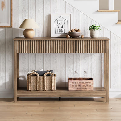 Treocho 47" Console Table with Drawers, Fluted Narrow Entryway Table with Open Shelf, Farmhouse Sofa Table Behind Couch for Hallway, Living Room, Brown Walnut