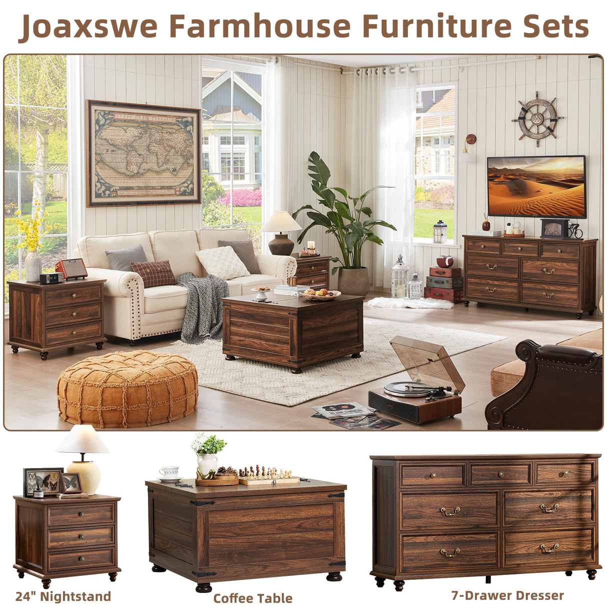 Joaxswe 24" Wide Farmhouse Night Stand Set of 2,Large End Table with 3 Drawers & Metal Handle,Brown Wood Dresser for Bedroom Cabinet, Bed Side Table Chest of Drawers,Nightstand for Living Room,Closet Joaxswe