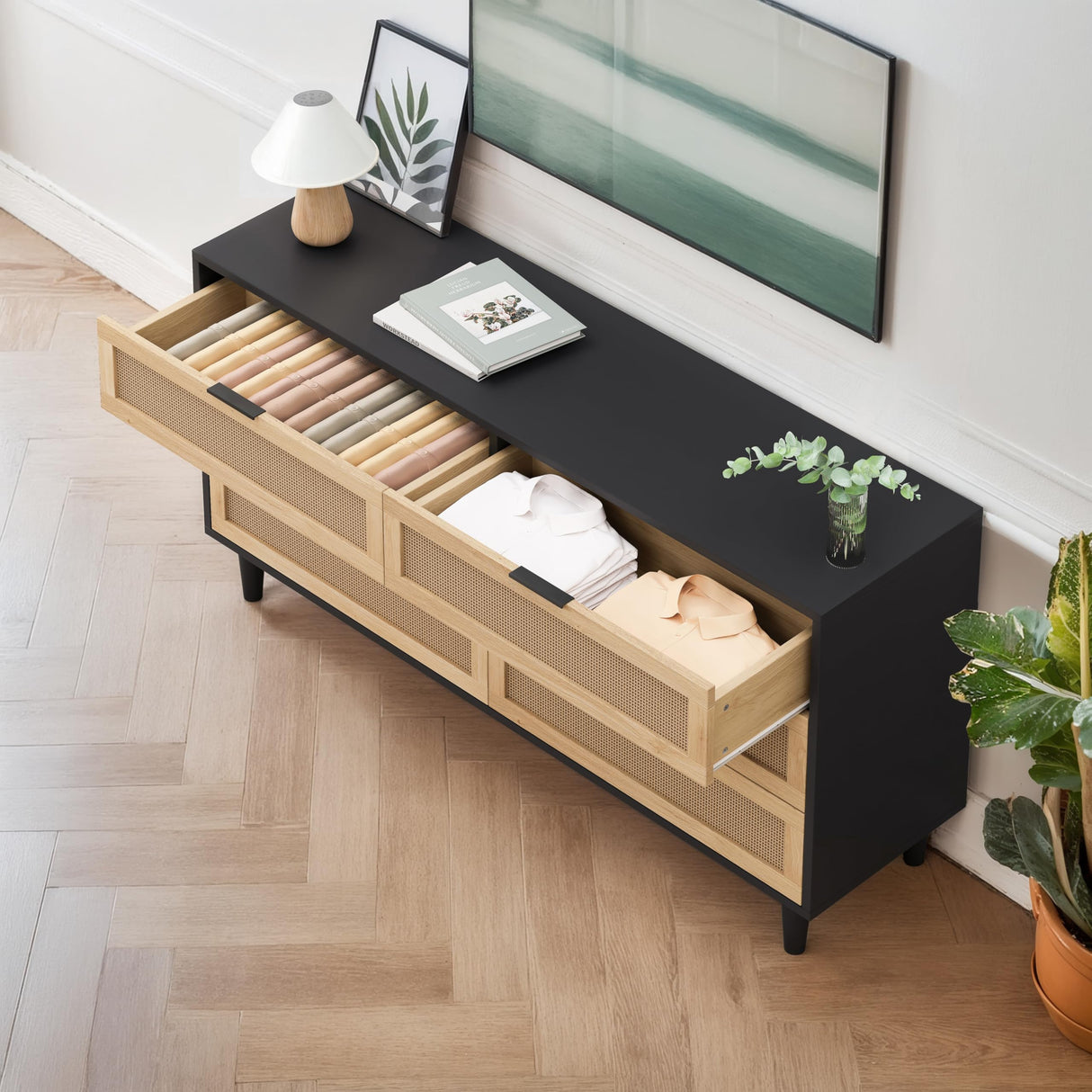 NTYUNRR Black Rattan Dresser, 6 Drawer Double Dresser for Bedroom, 59.06" Rattan Dresser for Closet, 6 Drawer Dresser Chest of Dressers Storage Cabinet with Metal Handles, TV Stands for Living Room, L NTYUNRR