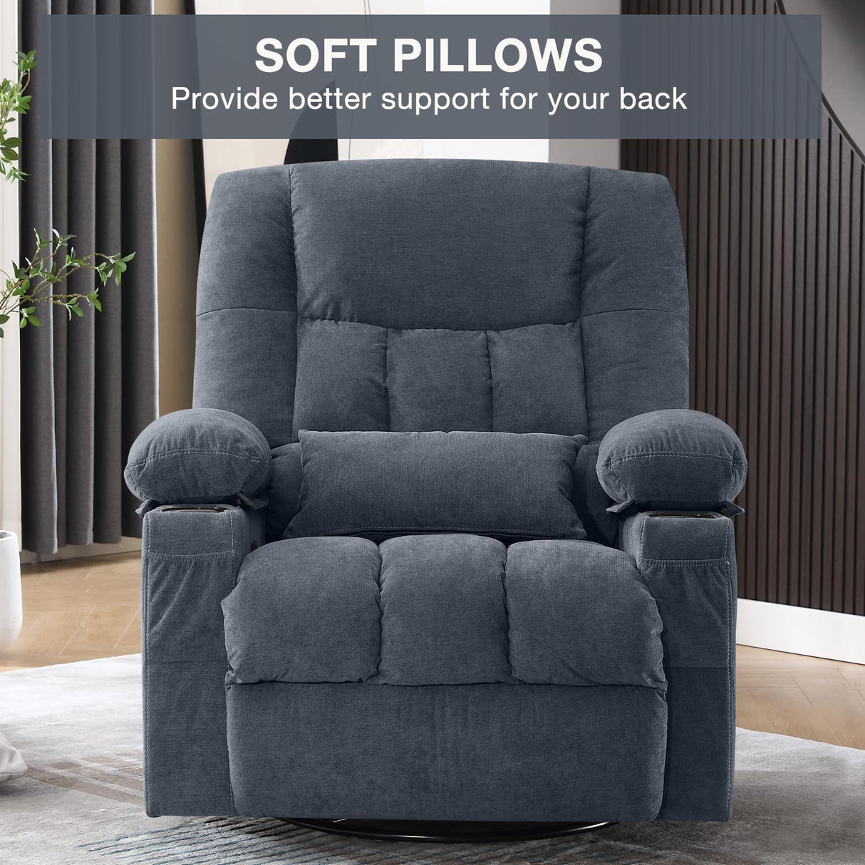 BOSMILLER Massage Swivel Rocker Recliner Chair with Vibration Massage and Heat Ergonomic Lounge Chair for Living Room with Rocking Function and Side Pocket, 2 Cup Holders, USB Charge Port BOSMILLER