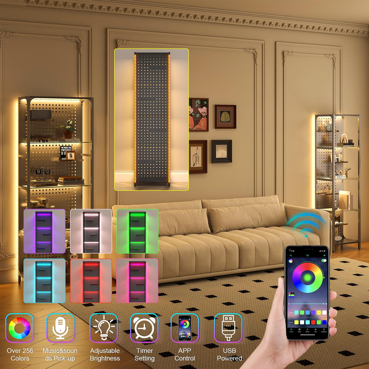 Saudism Glass Display Shelf for Collectibles, LED Black Shelf, Curio Cabinet, Lighted Tall Narrow Shelf with Pegboard Steel Frame for Gaming Room, Floor Lamp with Shelves, Living Room, Bedroom, Small Saudism