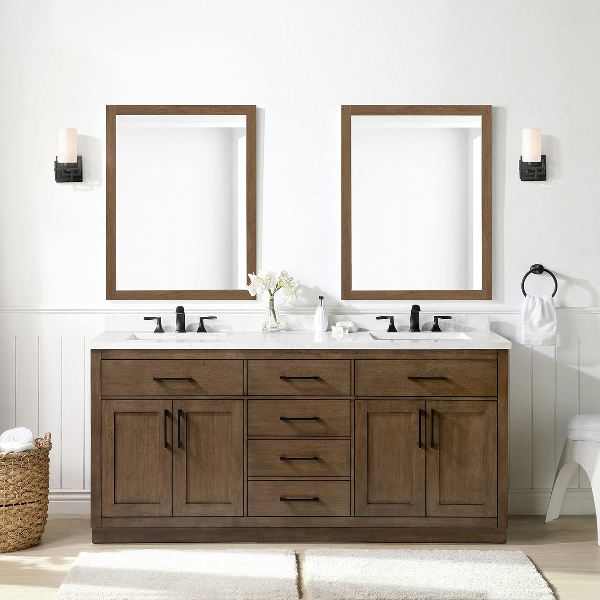 OVE Decors Maya Plus 72 in. Double Sink Bathroom Vanity in Almond Latte Finish, Black Hardware and Included Power Bar OVE Decors