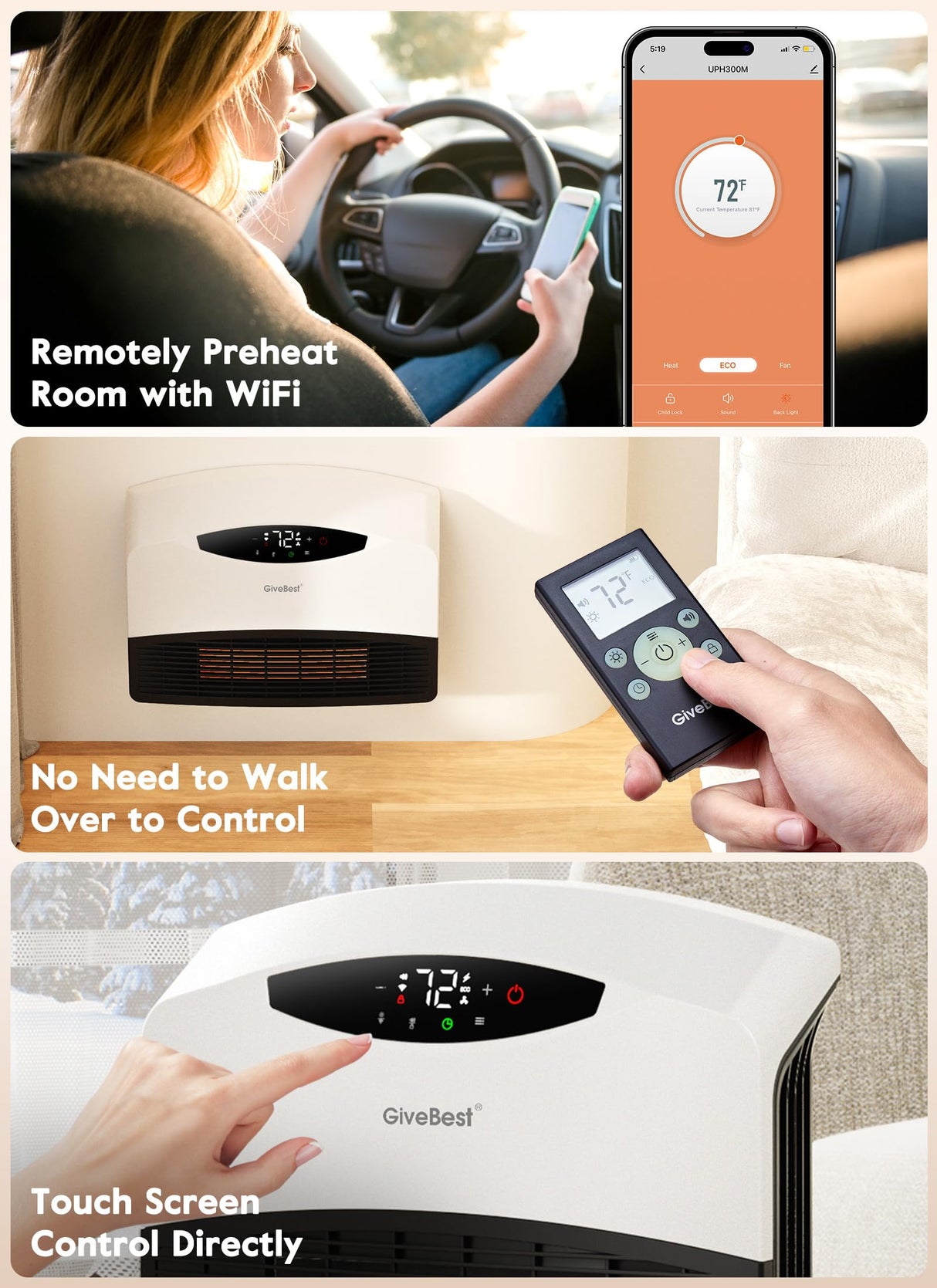 GiveBest Electric Wall Heater with WiFi and Remote Control, Floor or Wall Mounted Heater, Large Room Coverage, 3 Heating Modes, 1500W Fast Heating Space with Thermostat for Indoor Room Use GiveBest