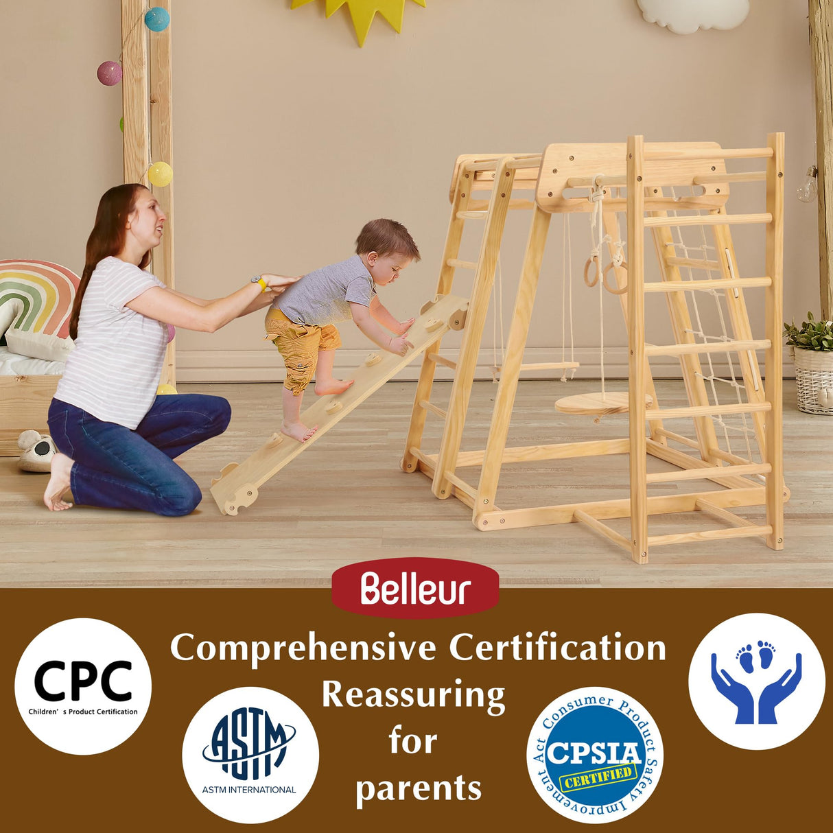 Belleur 8 in 1 Large Indoor Jungle Gym, Wooden Montessori Indoor Playground for Kids with Slide, Climbing Wall/Net, Rope Ladder, Monkey Bars, Swing, Hanging Ring, Climbing Toy for Toddler 2-8 Inside Belleur