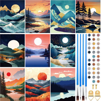 Gueevin 10 Pack Paint by Number DIY for Adults Paint by Numbers Acrylic Painting Kits Canvas, Without Frame, Simple Oil Painting for Spring Summer Gift Wall Decor 12 x 16 inch(Mountain Style)